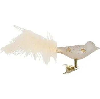 Vánoční dekorace Skleněný ptáček krémový se zlatými puntíky