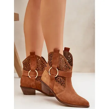 Dámské kozačky Semišové kotníkové boty v cowboyském stylu s perforací na podpatku 2994 Barva: Béžová, Velikost: 38