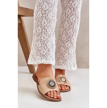 Dámské pantofle Kožené Pantofle S Dekorací Na Plochém Podpatku Lewski 3047/O Barva: Béžová, Velikost: 36