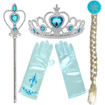 Karnevalový doplněk Sada Frozen 4ks / set Frozen Elsa 4ks - čelenka, hůlka, rukavice, cop - tyrkysové rukavice