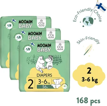 jednorázová plena Moomin Baby 2 Newborn 3–6 kg (168 ks), měsíční balení eko plen
