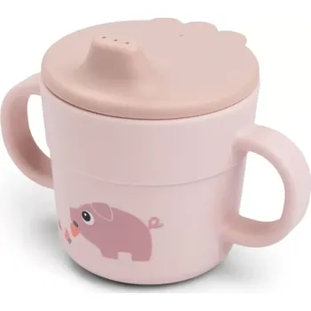 dětská jídelní sada DONE BY DEER Foodie hrneček s pítkem Tiny farm růžová