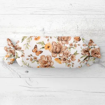 Dekorativní polštářek Polštář válec bonbon Sandra SA-458 Hnědé květy magnolie s motýlky na bílém 15x60 cm