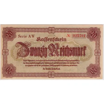 LIBEREC / Reichenberg. 20 Reichsmark. 28.4.1945. Série AW.