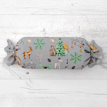 Dekorativní polštářek Vánoční polštář válec bonbon Sandra SA-509 Vánoční skřítci a ozdoby na šedém 15x40 cm