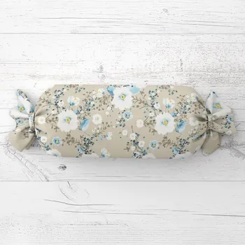 Dekorativní polštářek Polštář válec bonbon Sandra SA-552 Modré pnoucí květy na béžovém 15x40 cm