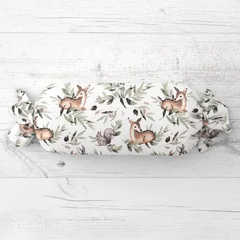 Dekorativní polštářek Dětský polštář válec bonbon Sandra SA-455 Koloušci zajíčci a veverky na bílém 15x40 cm