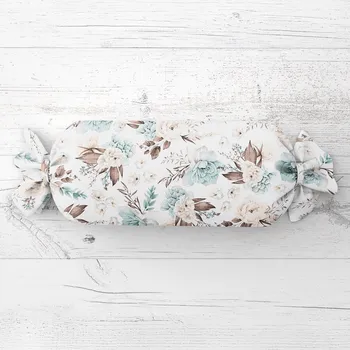 Dekorativní polštářek Polštář válec bonbon Sandra SA-451 Žluto-hnědo-mintové růže na bílém 15x40 cm