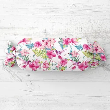Dekorativní polštářek Polštář válec bonbon Sandra SA-493 Kolibříci s růžovými květy na bílém 15x60 cm