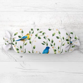 Dekorativní polštářek Polštář válec bonbon Sandra SA-501 Modří ptáčci a větvičky na bílém 15x100 cm