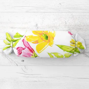 Dekorativní polštářek Polštář válec bonbon Sandra SA-481 Žluto-růžové akvarelové květy na bílém 15x40 cm