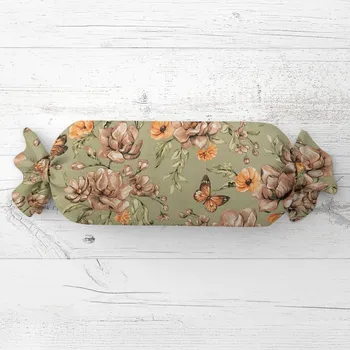 Dekorativní polštářek Polštář válec bonbon Sandra SA-472 Hnědé květy magnolie na zeleném 15x60 cm