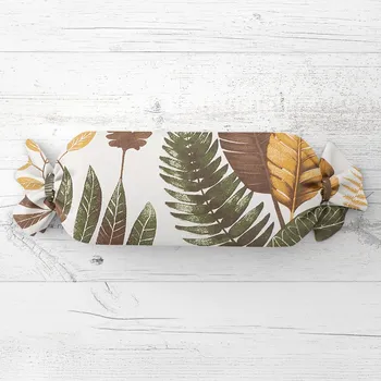 Dekorativní polštářek Polštář válec bonbon Sandra SA-540 Hnědo-zelené listy na bílém 15x60 cm