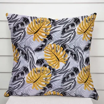 Povlak na dekorativní polštářek Bavlněný povlak na polštář Sandra SA-177 Okrové a šedé tropické listy 50 x 60 cm