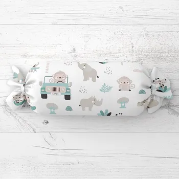 Dekorativní polštářek Dětský polštář válec bonbon Sandra SA-477 Šedobéžová zvířátka v Safari 15x40 cm
