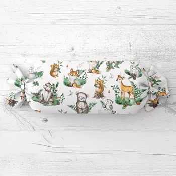 Dekorativní polštářek Dětský polštář válec bonbon Sandra SA-459 Lesní zvířátka na bílém 15x60 cm