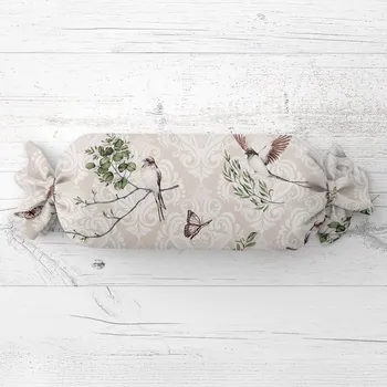 Dekorativní polštářek Polštář válec bonbon Sandra SA-490 Vlaštovky s motýlky na béžovém ornamentu 15x40 cm