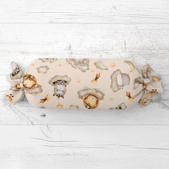 Dekorativní polštářek Dětský polštář válec bonbon Sandra SA-534 Africká zvířátka na obláčcích na šedobéžovém 15x40 cm