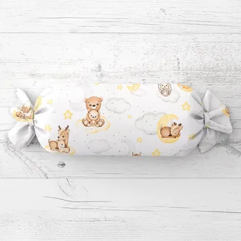 Dekorativní polštářek Dětský polštář válec bonbon Sandra SA-461 Zvířátka mezi hvězdičkami na bílém 15x60 cm