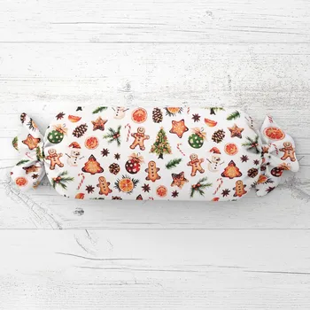 Dekorativní polštářek Vánoční polštář válec bonbon Sandra SA-516 Vánoční perníčky a ozdoby na bílém 15x60 cm