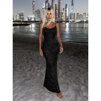 Dámské šaty Černé dlouhé třpytivé šaty OKTAY s kamínky Velikost: M/L