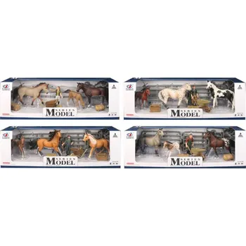 Figurka Series Model Svět zvířat, 2 koně, hříbě a figurka - světle hnědí s korytem