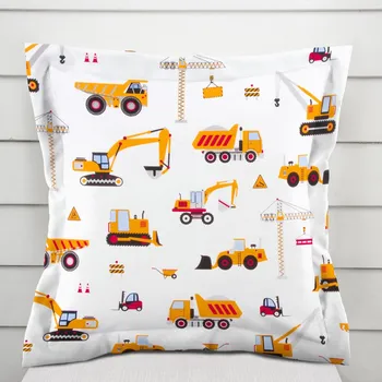 Povlak na polštářek Dětský bavlněný povlak na polštář s lemem Sandra SA-081 Nákladní auta a bagry na bílém 40 x 40 cm