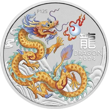 Zlatý drak dragon 2024 $ 1 1 oz Stříbrná lunární barevná mince v kapsli