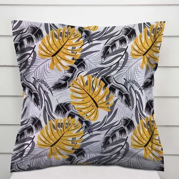 Povlak na dekorativní polštářek Bavlněný povlak na polštář s lemem Sandra SA-177 Okrové a šedé tropické listy 40 x 60 cm