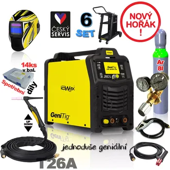 Svářečka KOWAX Svařovací invertor GeniTig® 220AC/DC - LCD PULZ, SYN, HF - TIG/MMA vč.3m kabelů, svorky, a drž.el. + hořák TIG26-4m UP/DOWN + kukla + vozík + lahev, atd.