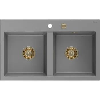 Kuchyňský dřez MEXEN/S - Hektor granitový dřez 2-bowl 800 x 480 mm, šedá, zlatý sifon 6521802000-71-G