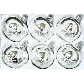 Vánoční ozdoba Irisa Skleněné vánoční koule s dekorem zimní malby stromů (Sada 6 ks, Velikost 7 cm, Stříbrné) IRISA" Velikost: 7 cm, Balení: 6 ks, Barva: stříbrná