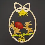 AMADEA Dřevěná dekorace vajíčko zajíci s vajíčkem, velikost 9 cm, český výrobek