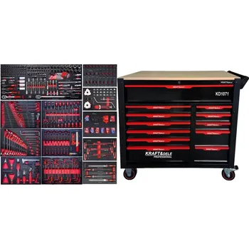 KRAFT&DELE KD1071 Dílenský vozík, vybavený, 12 zásuvek, dřevěná deska, 541 ks nářadí