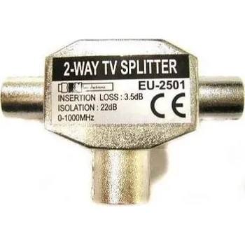 Anténní redukce Anténní rozbočovač, pro 2 TV, Coax (9.5mm) samice - 2x Coax (9.5mm) samec, stříbrná, kovov