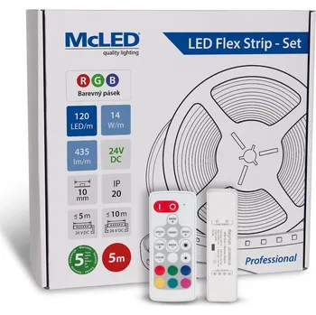 LED páska McLED LED pásek - sada 5 m + Přijímač Nano RGB, 120 LED/m, RGB, 14 W/m, DC 24V, 435 lm/m, IP20, 10 mm, vodič 3 m