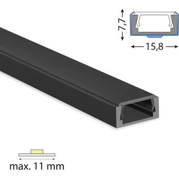 LED páska Přisazený hliníkový profil černý PG2 16x8mm včetně černého difuzoru 1m