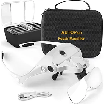 Lupa AUTOPkio Lupa na hlavu se světlem, dobíjecí čelenková lupa s úložnou taškou 5 čoček 1,0X 1,5X 2,0X 2,5X 3,5X pro opravárenské sv X001S8R18P