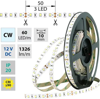 LED páska LED pásek SMD2835 CW, 60LED/m, 14,4W/m, 1410lm/m, IP20, DC 12V, 10mm, 5m