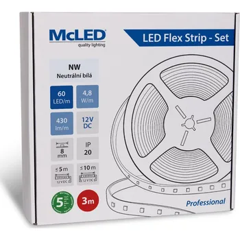 LED páska McLED LED pásek - sada 3 m, 60 LED/m, NW, 4,8 W/m, DC 12V, 430 lm/m, CRI90, IP20, 8 mm, vodič 3 m