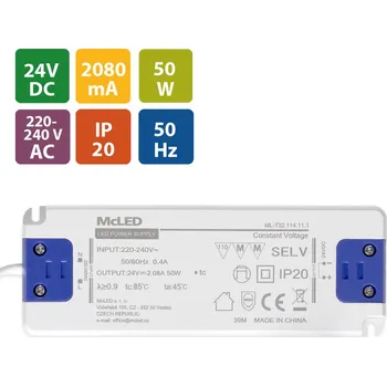 Napájecí zdroj pro osvětlení Napájecí zdroj 50W, DC24V/2,08A, IP20, plastové provedení se svorkovnicí a bílým přívodním kabelem 2m