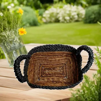 Obdélníkový košík z banánových listů a rafiie - černý, velký