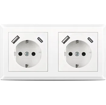 Elektrická zásuvka 230V 16A BÍLÁ DVOJITÁ ZÁSUVKA S NABÍJEČKOU USB A+C