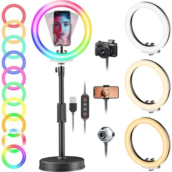 Studiové světlo Kroužkové světlo se stativovým stojanem a držákem telefonu, PEYOU 10" stolní selfie kroužkové světlo s 26 režimy RGB pro videoko X001T9RUSJ