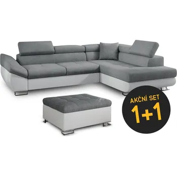 Sedací souprava Rozkládací rohová sedačka LYON šedá / bílá + taburet zdarma