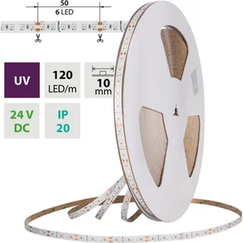 LED páska LED pásek SMD2835 UVA-405nm, 120LED/m, 14,4W/m, DC 24V, IP20, 10mm, 50m