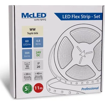 LED páska McLED LED pásek - sada 11 m, 60 LED/m, WW, 4,8 W/m, DC 24V, 384 lm/m, CRI90, IP20, 10 mm, vodič 3 m