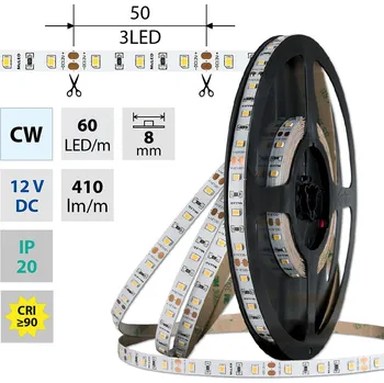 LED páska LED pásek SMD2835 CW, 60LED/m, 4,8W/m, DC 12V, 410lm/m, CRI90, IP20, 8mm, 50m