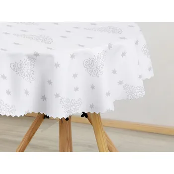 ubrus Dreamy Linens Ubrus teflonový, bílý Stříbrné hvězdy a stromky, kulatý, O 140 cm