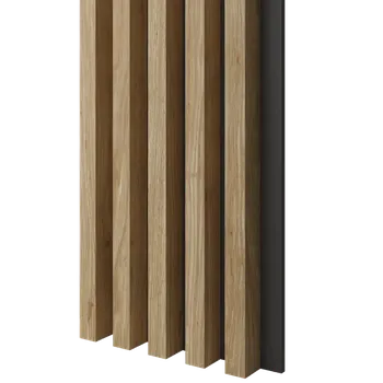 Obklad Lamele 3D Dřevěné lamely ŠIROKÉ na ČERNÉ desce (MDF), DUB PŘÍRODNÍ, 46 x 300 x 2750 mm (0,825 m2)